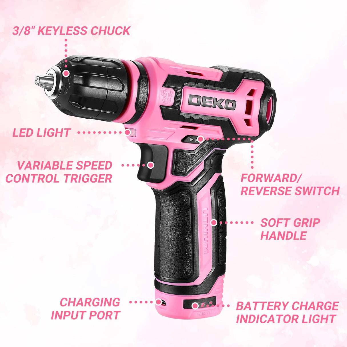 Cordless Drill:DEKOPRO 12V Power Drill Set with Pink Electric Drill with Tool Set Gift Box, Pink Drill Set for Women DEKOPRO