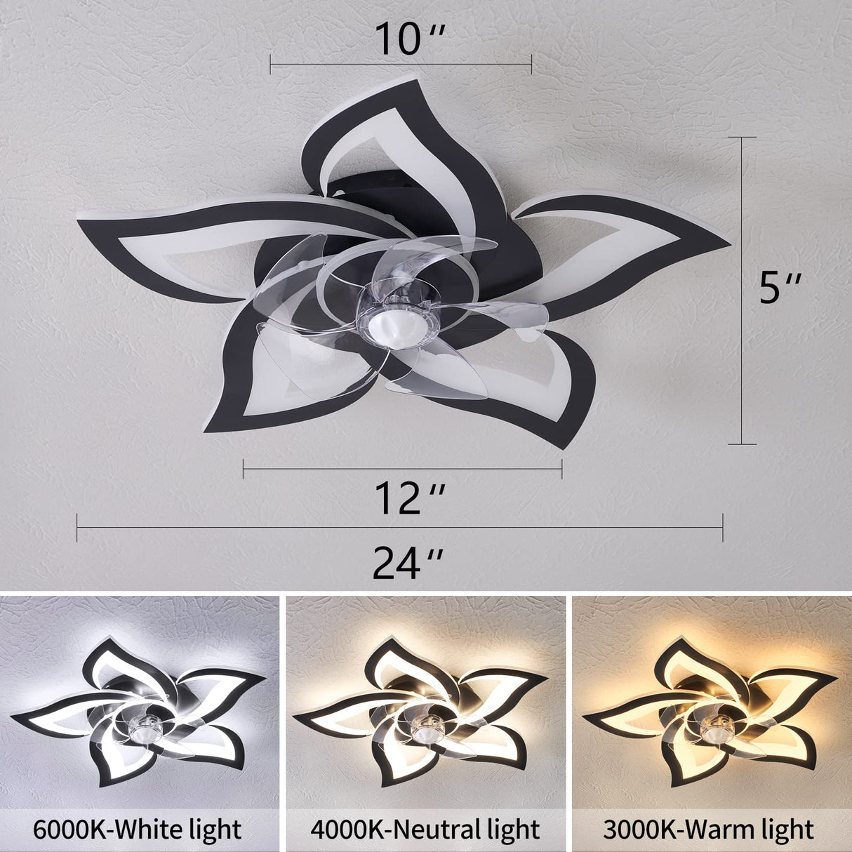 Dalouguan Ceiling Fan with Lights Remote Control, 24" Black, 6 Speeds 3 Light Color Low Profile Flush Mount Ceiling Fan for Kitchen Bedroom Dalouguan