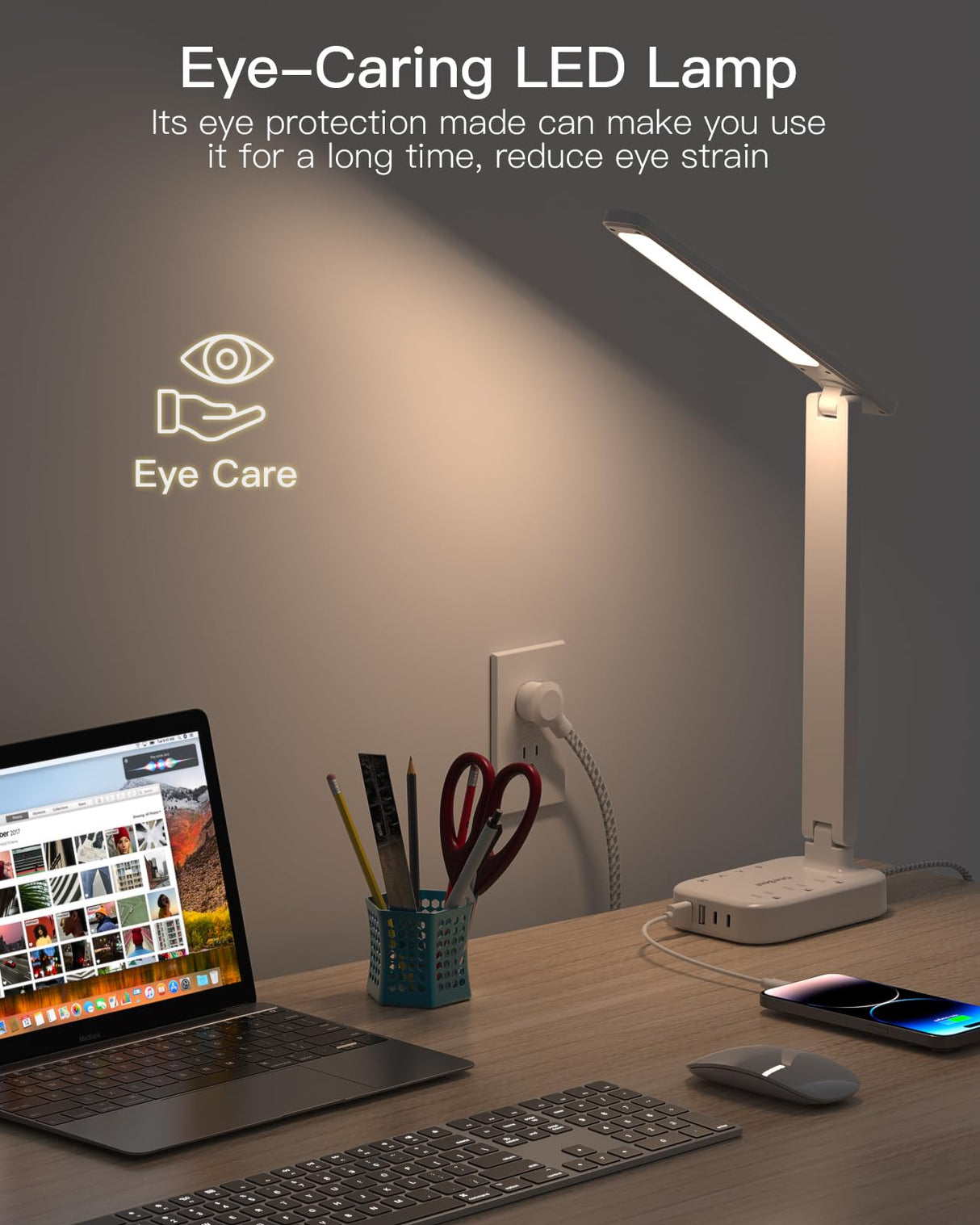 Power Strip with LED Desk Lamp, 3 Outlets 4 USB Ports(2 USBC) 4 Modes 5 Level Touch Lamp Small Desk Lamp for Home Office Bedroom Bedside, Study Reading Light, 5ft Extension Cord, Dorm Room Essentials One Beat