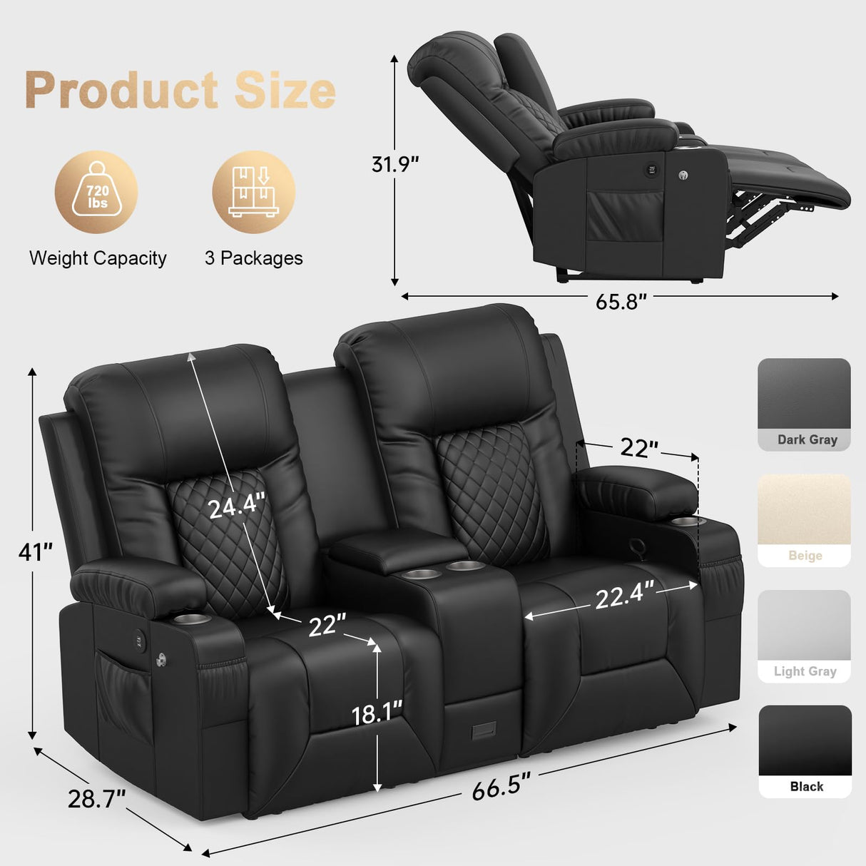 DG PEAFOWL Loveseat Recliner Sofa, Home Theater Seating with Center Console, Reclining Loveseat RV Couch with USB Ports & Phone Holders, Wall Hugger RV Sofa Furniture with Storage & Pocket DG PEAFOWL