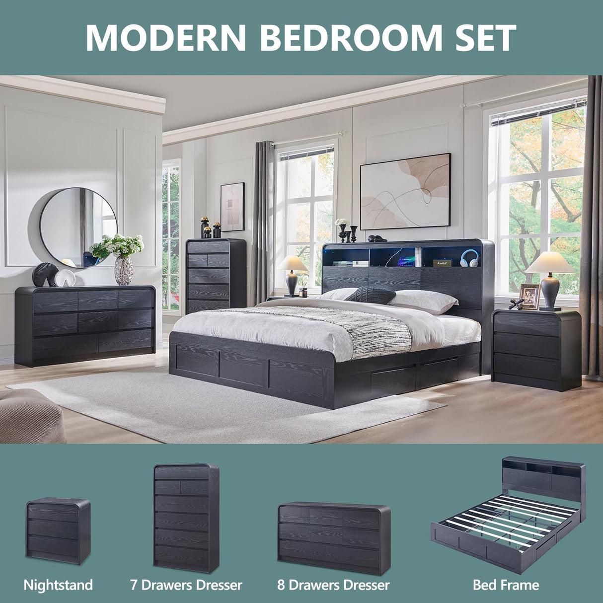 Aitjunz Modern 8 Drawers Dresser for Bedroom, 55" Wide Dressers & Chest of Drawers w/Curved Profile Design, Wood Mid Century Storage Dressers Organizer for Bedroom, Living Room, Black Aitjunz