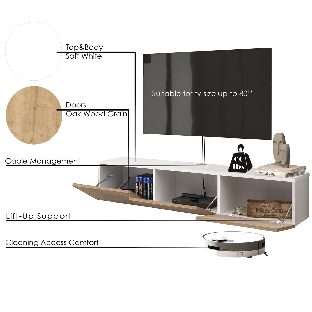 Atelier Mobili Floating TV Stand, TV Stand up to 75 Inch TV, Floating TV Stand Wall Mounted, Floating Entertainment Center, Floating Shelf for Under TV, Floating TV Console, Oak TV Stand ATELIER MOBILI THE LEADER OF THE INTERCHANGEABLE FURNITURE