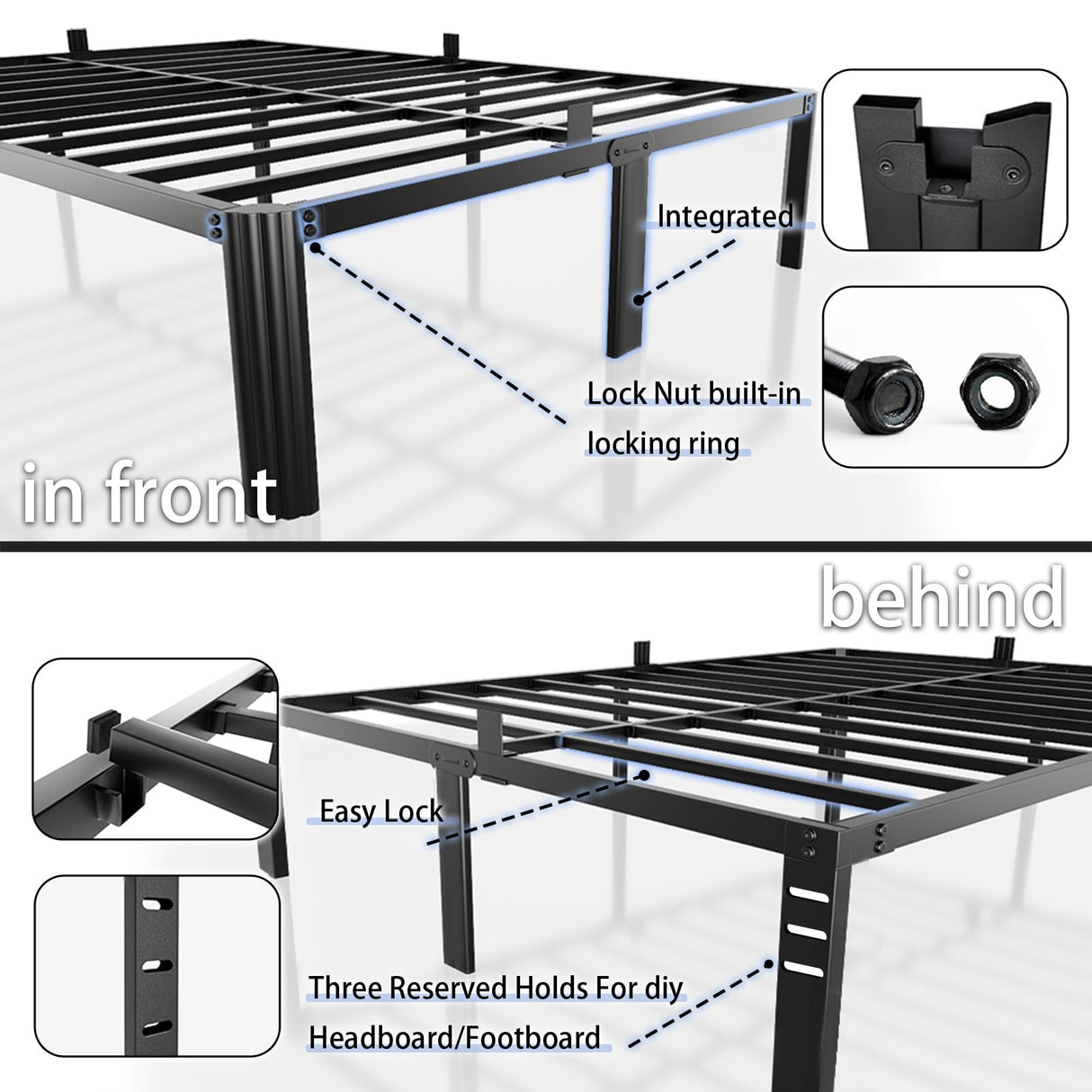 hiyuehome 14 inch Metal Queen Bed Frame with Rounded Corner and Headboard Hole Mattress Retainers 3500LBS Heavy Duty Steel Slats No Box Spring Needed Platform Noise-Free Easy Assembly hiyuehome