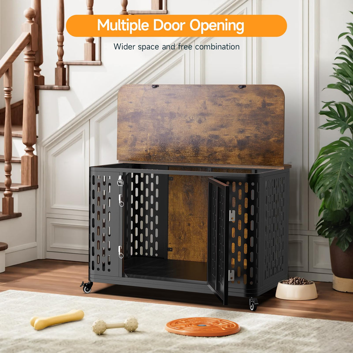 ONBRILL Dog Crate Furniture with Cushion, Wood Dog Kennel with Flexible Wheels and Multi-Purpose Dog Cage for Small/Medium Dogs, 38" Dog Kennel, Rustic Brown ONBRILL