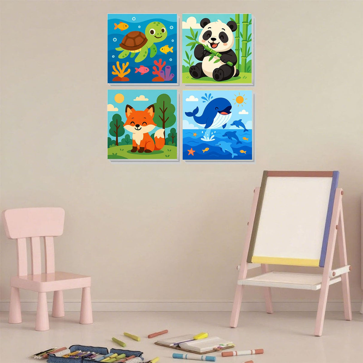 Arttoplus 4 Pack Paint by Numbers Kit for Kids with Frame,Cute Animals Kids Paint by Numbers Ages 4-6-8 with Wooden Easel,Easy DIY Acrylic Oil Painting by Number for Gift Home Wall Decor(8x8 inch) Arttoplus