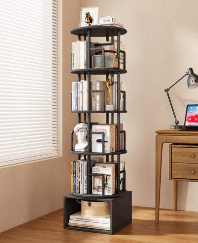Kalrin 5 Tier Rotating Bookshelf with Extra Storage Cabinet, 360°Spinning Corner Bookshelf, Floor Standing Bookcase for Kids & Adult, Narrow Book Shelf for Bedroom Living Room, Pure Black
