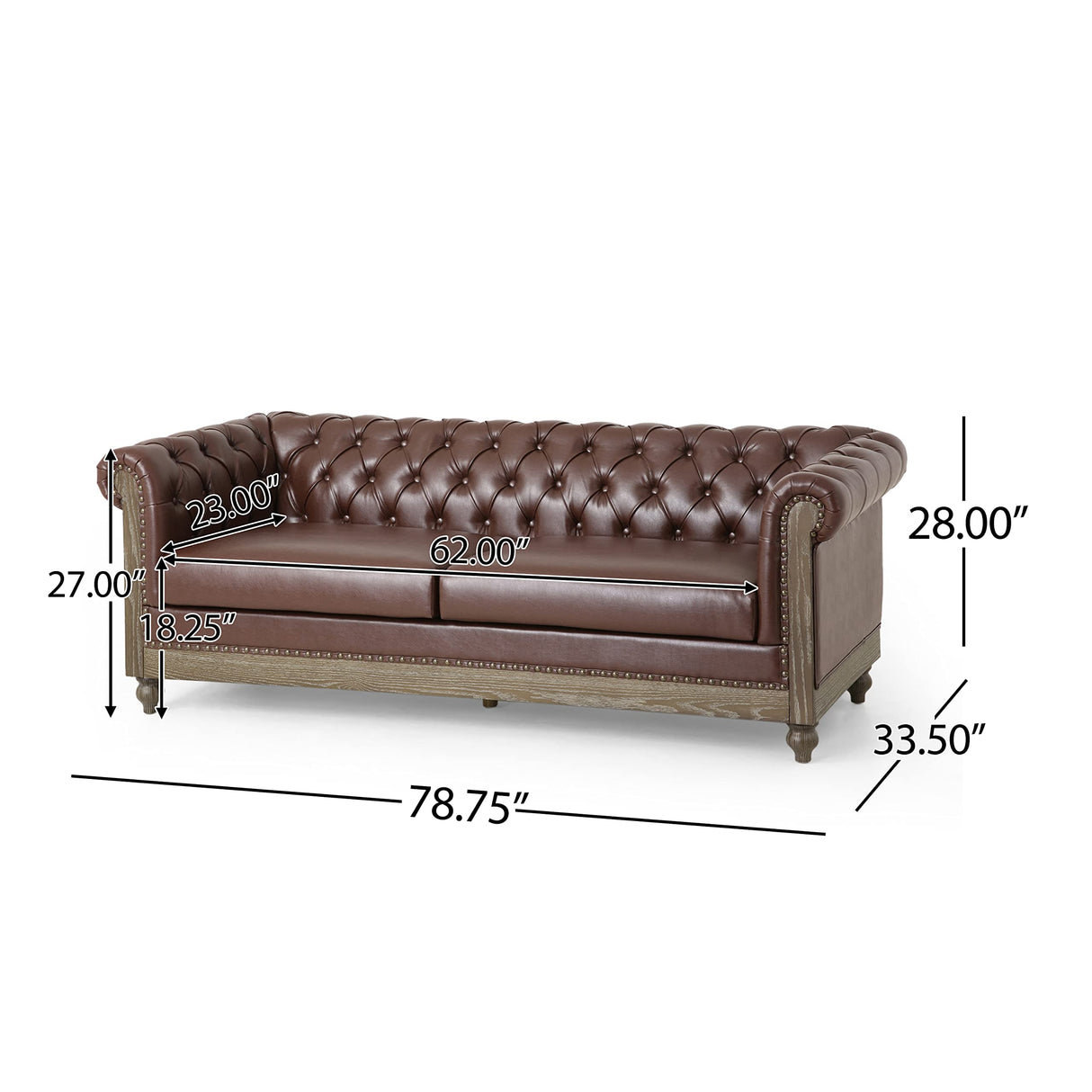 Merax PU Chesterfield Sofa, Retro Style Upholstered 3 Seater Leather Couch Rolled Arm for Living Room Bedroom Office, Dark Brown Merax