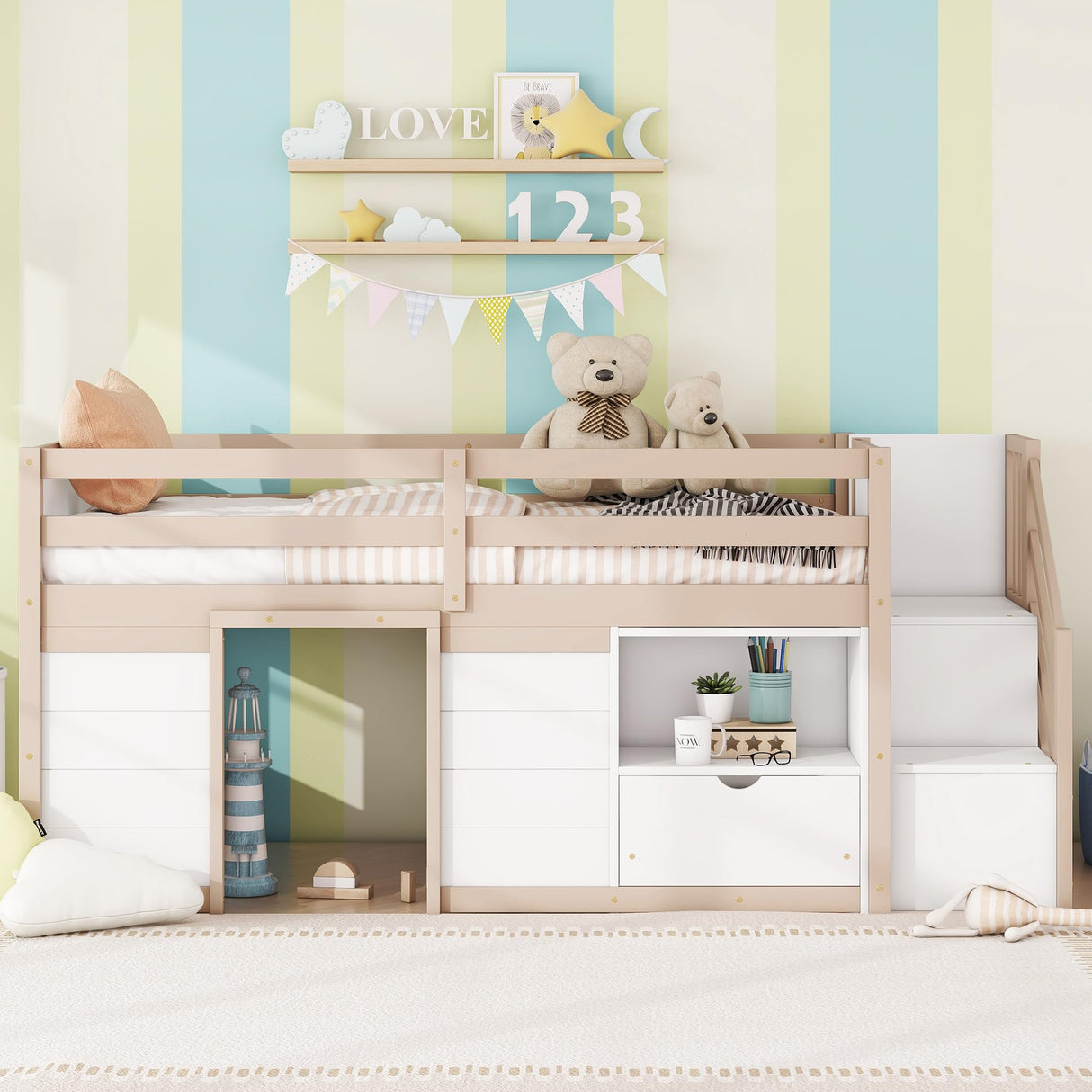 Bellemave Twin Size Low loft Bed for Kids,Wood Loft Beds,Modern Farmhouse Twin loft Bed,Loft Bed with Desk and Storage, No Box Spring Needed,for Kids, Cream White and Natural Bellemave