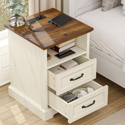 HOMMPA 18'' Farmhouse Nightstand with Charging Station, Bedside Tables with Storage, Bed Side End Table with Open Shelf, 2 Drawers Wood Night Stand Dresser for Bedroom, Living Room, Rustic White
