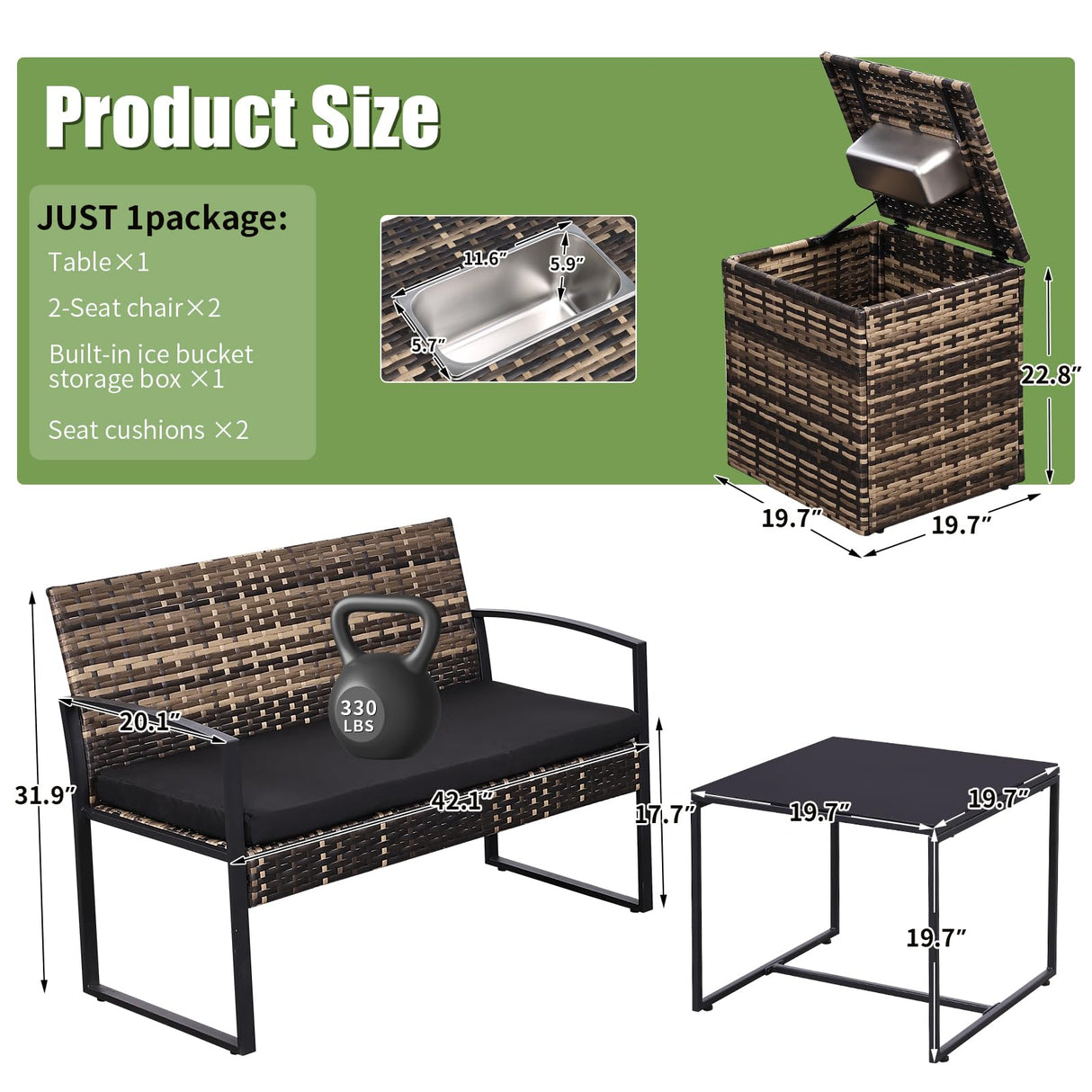 FHFO 5 Piece Outdoor Patio Furniture Set with 28”Gas Fire Pit Table & Ice Bucket Storage Box, Outdoor Wicker Rattan Patio Conversation Set for Outside, Poolside, Balcony, Porch, Yellow-Black FHFO