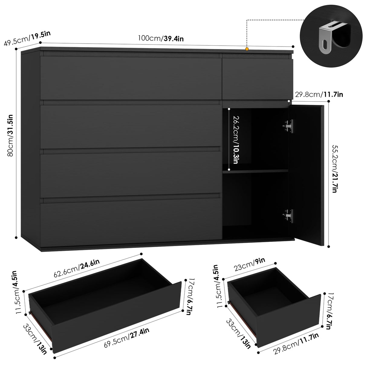 FOTOSOK 5 Drawer Dresser, Black Dresser for TV Stand, Double Wide Storage Chest of Drawers with Door, Deep Drawers and Wide Storage Space FOTOSOK