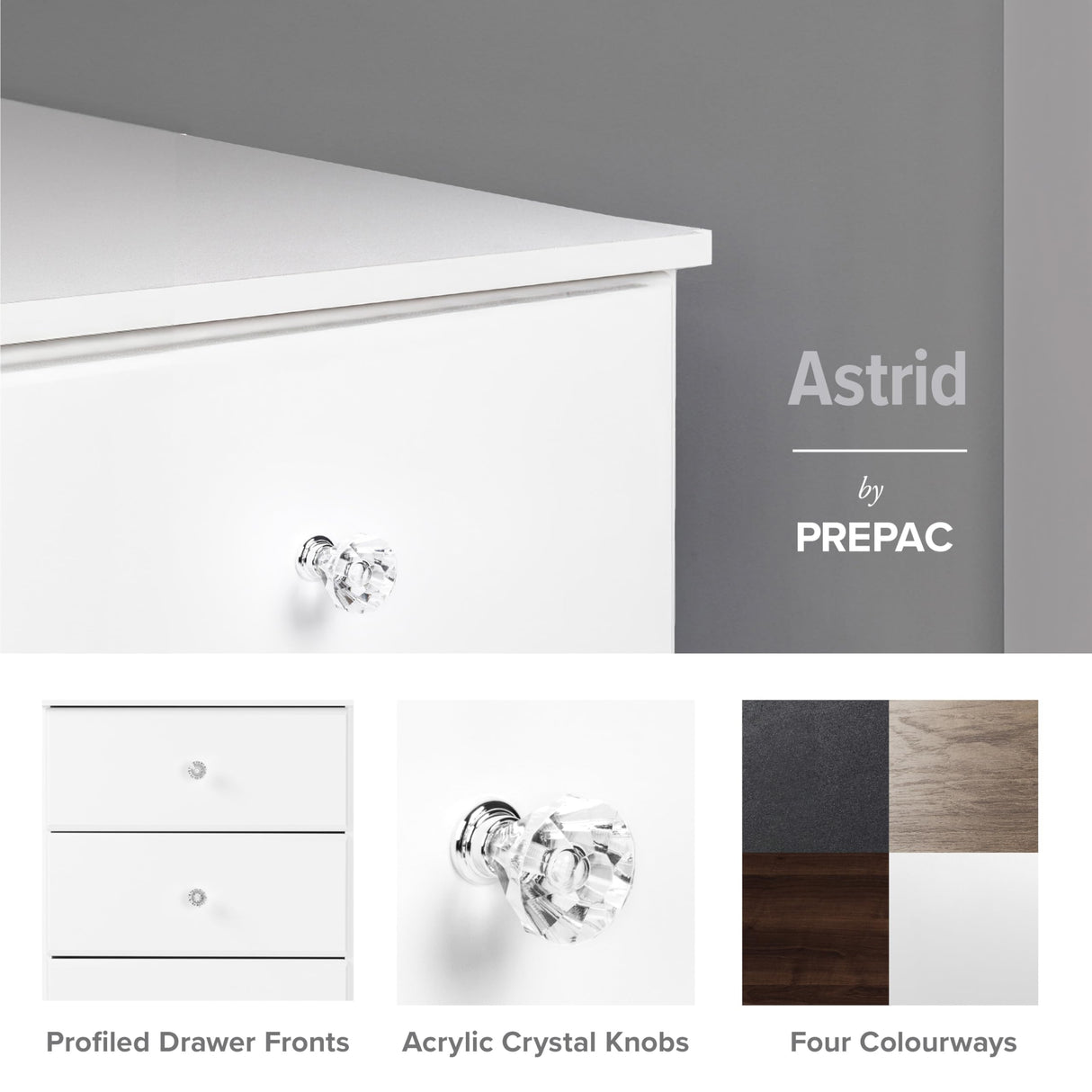 Prepac Astrid Simplistic 6-Drawer Tall Dresser for Bedroom, Functional Chest of Drawers with Acrylic Knobs, 16.5"D x 19.75"W x 50"H, White Prepac
