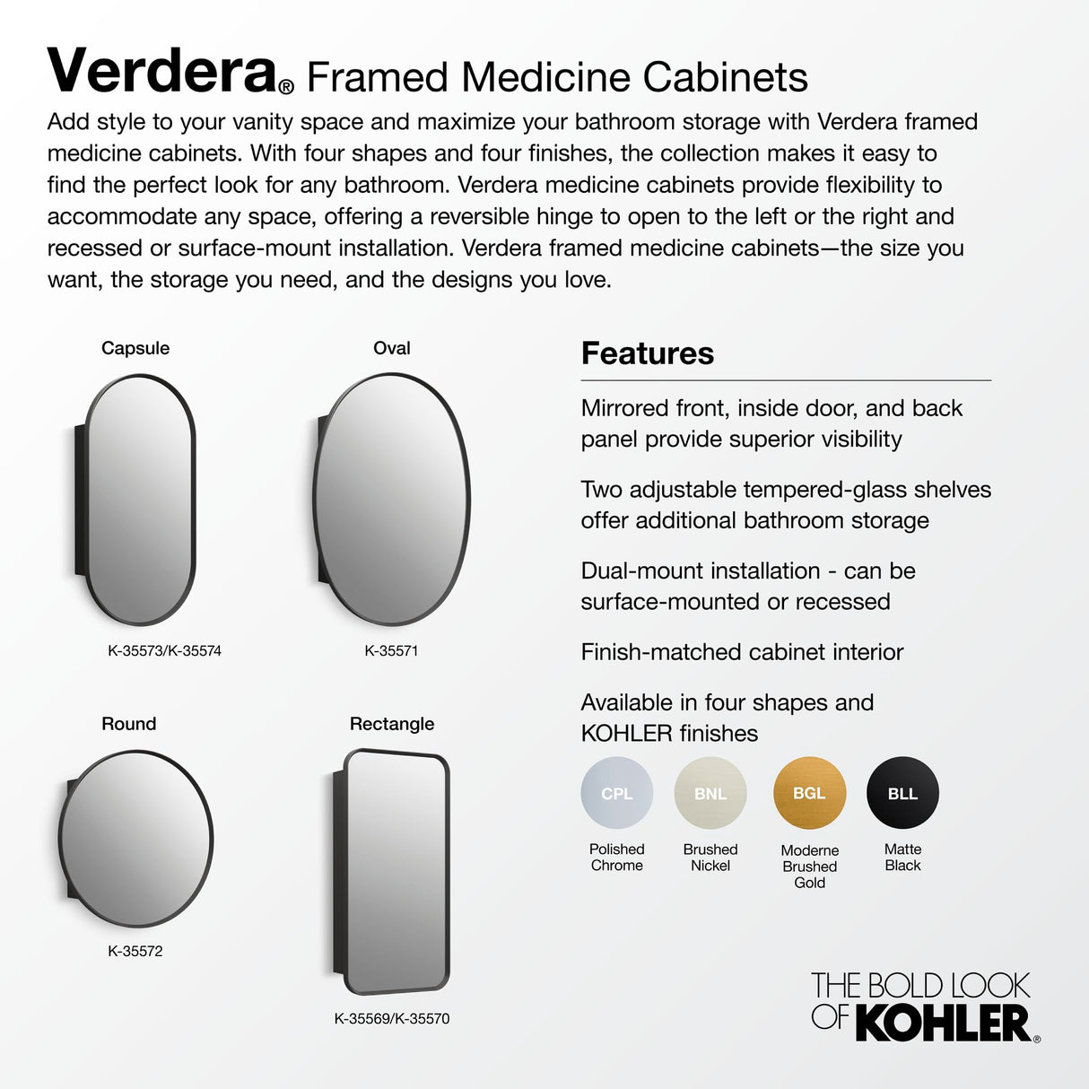 Kohler Verdera Medicine Cabinet, 22" x 34", Rectangular Design, Mirrored Interior, Adjustable Glass Shelves, Rustproof, Moderne Brushed Gold, K-35570-BGL Kohler