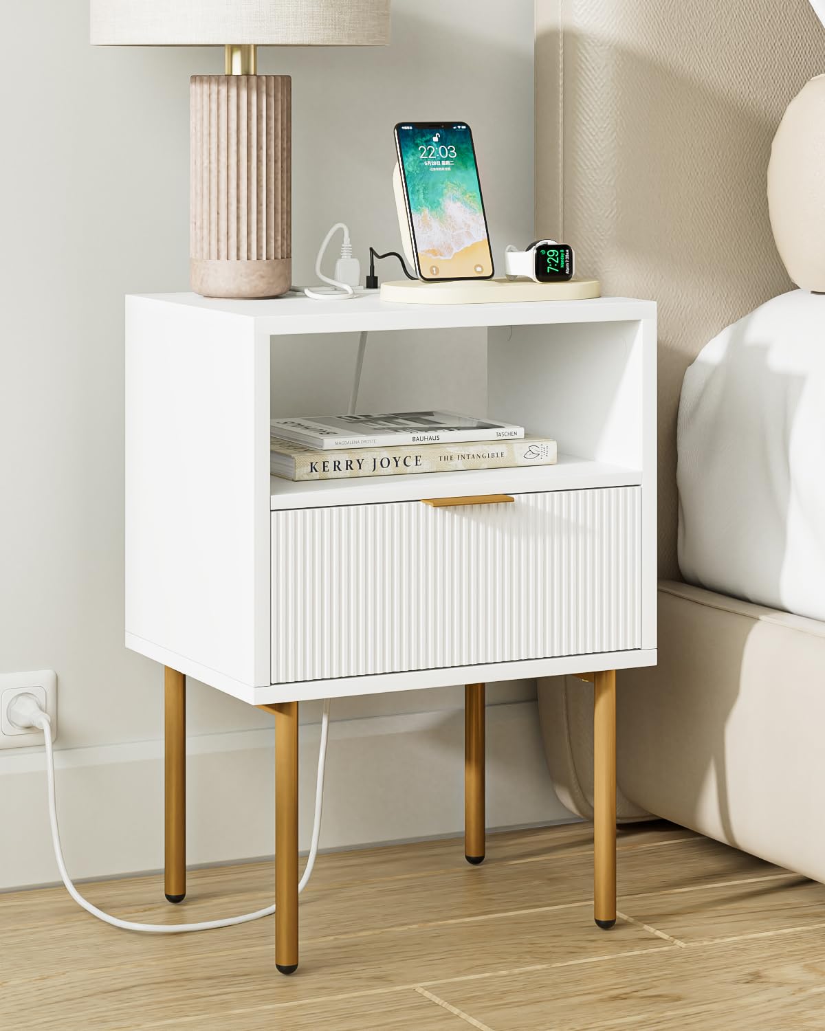 AEPOALUA Nightstand with Charging Station,Small Bedside Table with Gold Frame,White Night Stand,Bedside Furniture,Side Table with Drawer and Shelf for Bedroom,Living Room,Stripe AEPOALUA