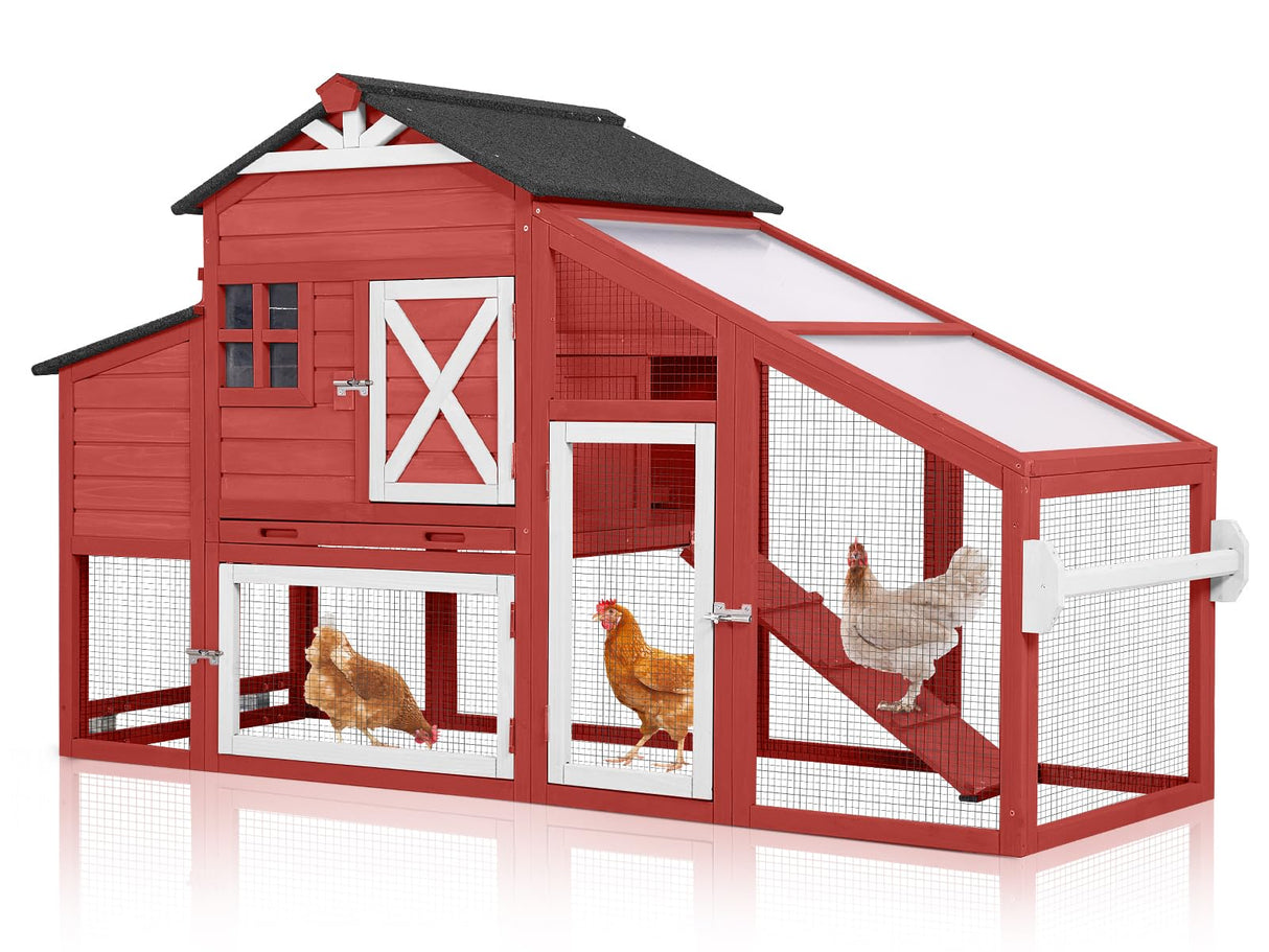 MEDEHOO Chicken Coop with Wheels Wooden Outdoor Chicken House Easy Cleaning with Nesting Box, Deeper Leakproof Pull-Out Tray and UV Proof Panel Roof - Reinforced Version - Red MEDEHOO