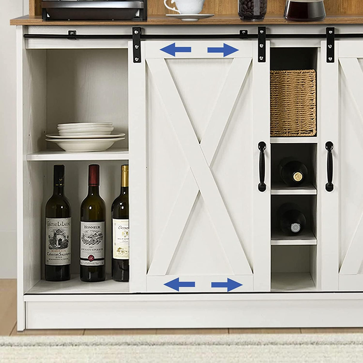 4 EVER WINNER Farmhouse Coffee Bar Cabinet with Hutch, 47” Sideboard Buffet Cabinet w/Sliding Barn Doors, 6 Hooks, Liquor Cabinet with Floating Shelf Wine Racks for Living Dining Room, White 4 EVER WINNER