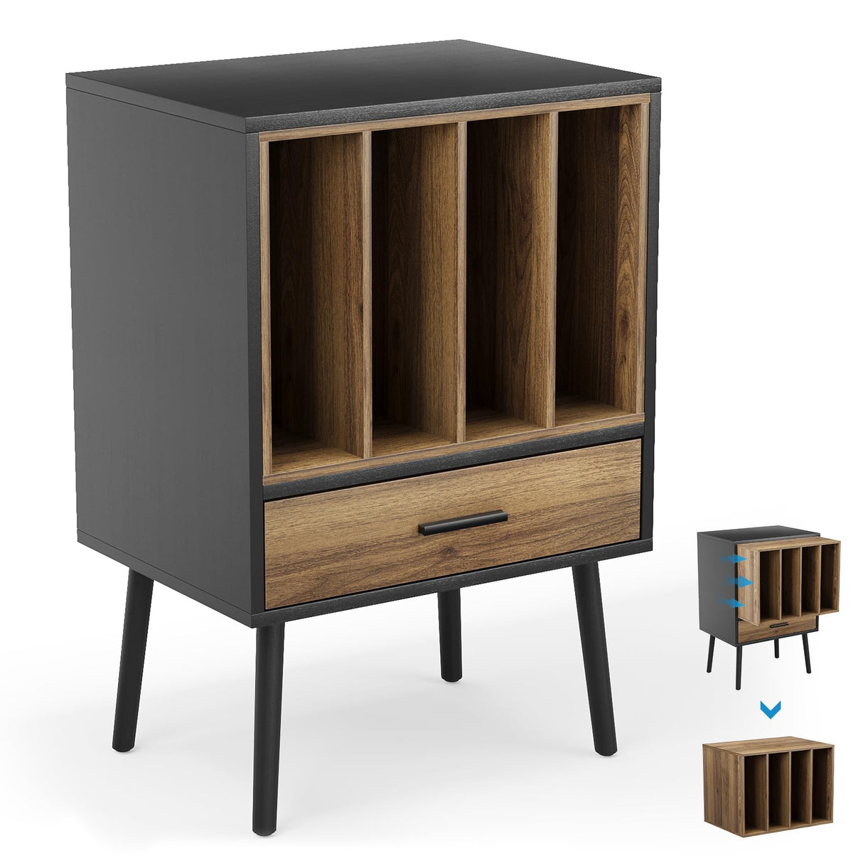 Semiocthome Record Player Stand with Nesting Vinyl Storage Crate, Record Player Table with a Drawer and Solid Wood Legs, Side End Table for Turntables for Living Room Bedroom Semiocthome