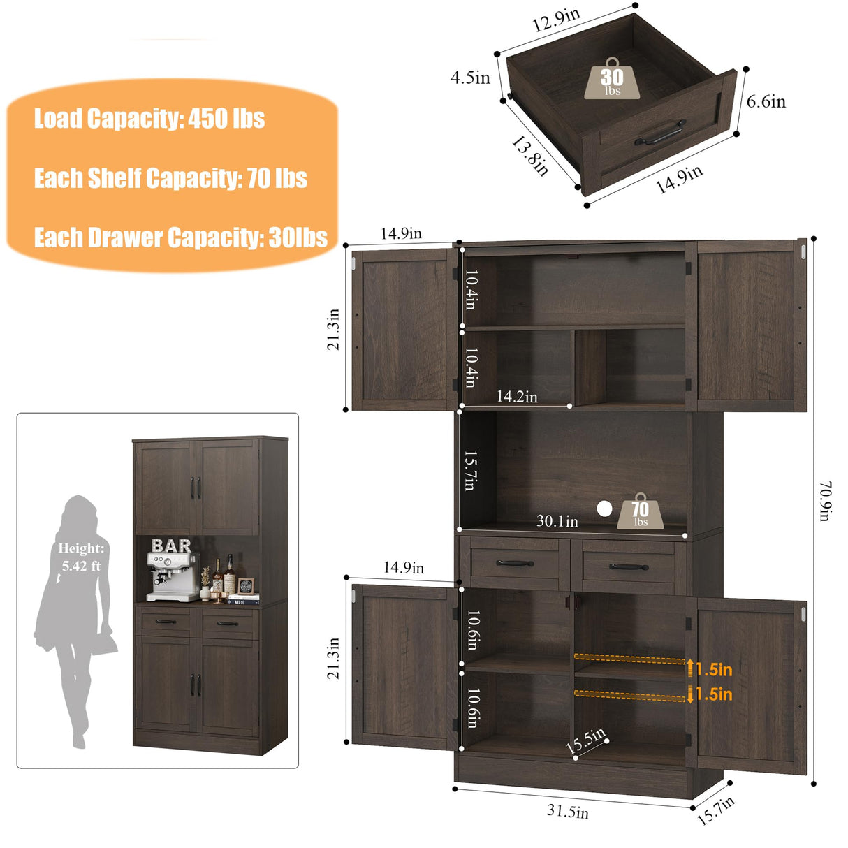 HOSTACK 71“ Tall Kitchen Pantry Storage Cabinet, Modern Kitchen Hutch Bar Cabinet with Microwave Stand, Wood Buffet Sideboard with Hutch, Cupboard with Drawers, Shelves for Dining Room, Dark Brown HOSTACK