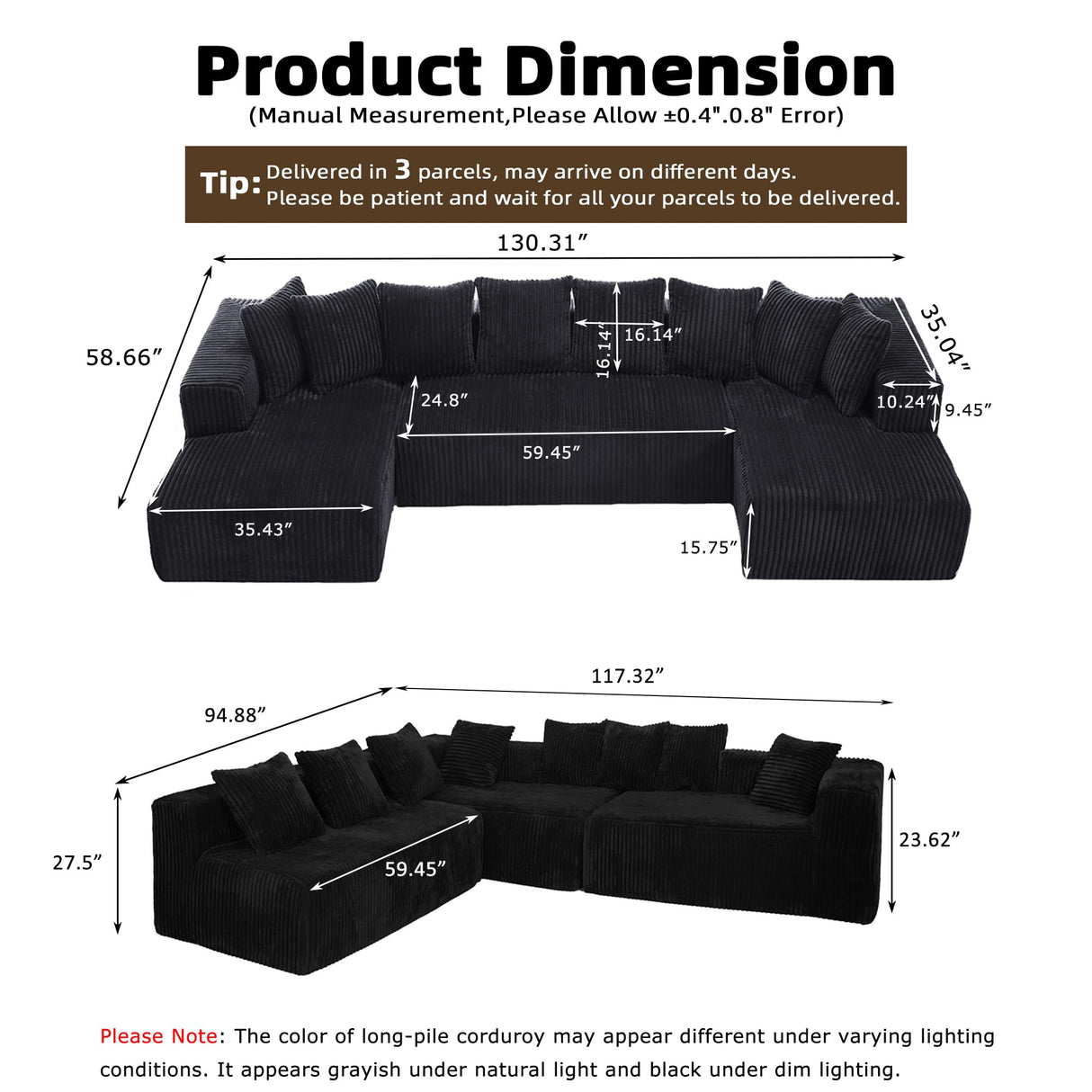 130" Cloud Boneless Sectional Couches for Living Room, U/L Shaped Couch with Deep Seat Chaise, High Density Foam Compression Sofa, Modular Corduroy Sleeper Sofa Bed with 8 Pillows No Assembly CAPCAEK