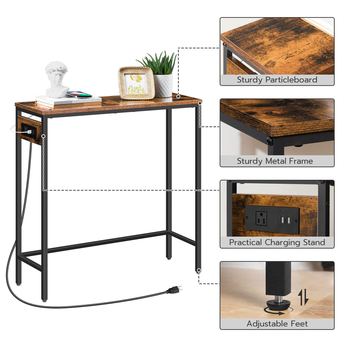HOOBRO Narrow Console Table with Power Outlets, 29.5" Small Entryway Table with Charging Station, Thin Sofa Table, Side Table, for Hallway, Bedroom, Living Room, Rustic Brown and Black BF75UXG01 HOOBRO
