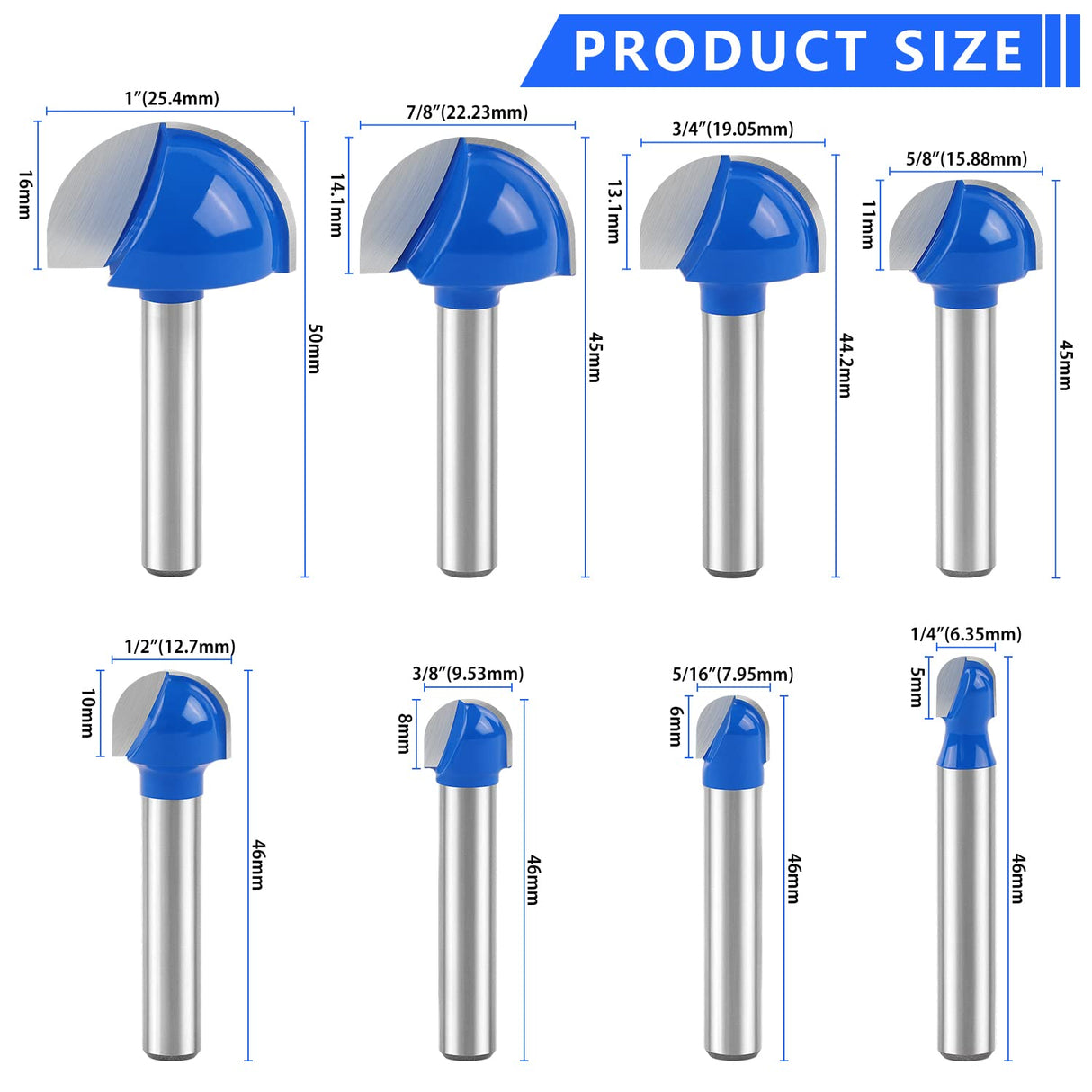 Cove Box Router Bit Set ,Newdeli 8Pcs 1/4 Inch Shank Round Nose Router Bit-1/4" 5/16" 3/8" 1/2" 5/8" 3/4" 7/8" 1" Cutting Diameter, Solid Carbide Double Flute Cove Box Round Nose Woodworking Tool Newdeli
