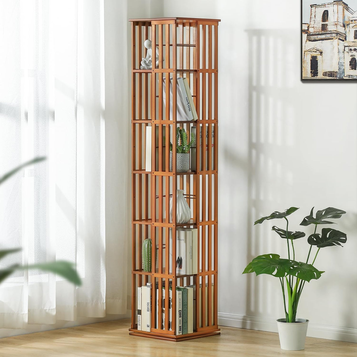 Magshion Rotating Bookcase - 6-Tier Corner Shelf Bamboo Media Storage, 70.5" High Revolving Floor Standing Organizer Living Room Bedroom 360 Degree Rotating Storage (Natural, Stripe Guardrail) Magshion