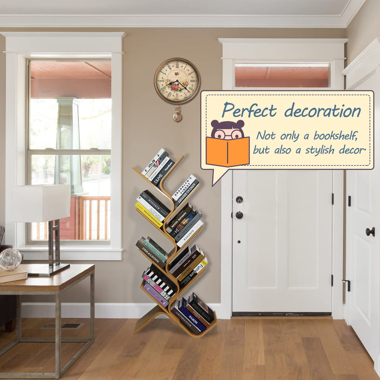 Bamboo Tree Bookshelf, 8-Tier Wood Bookcase, Free Standing Book Organizer Shelves, Books/Albums/Files Holder Display Storage Rack Space Saver for Living Room Bedroom-Log 55x23x5inch HM&DX