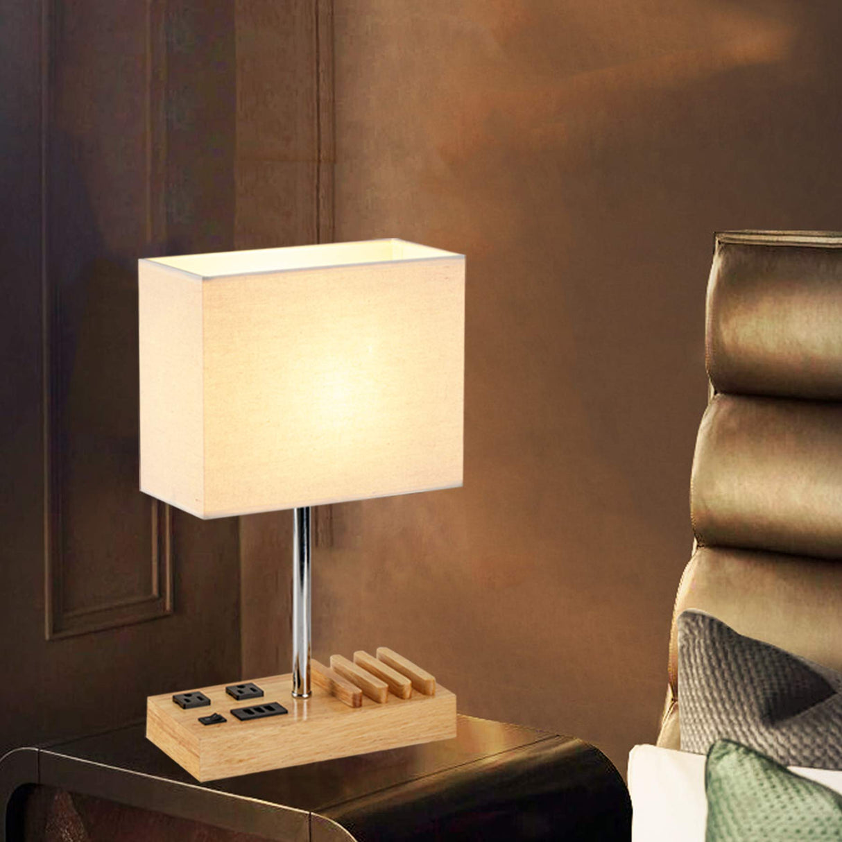 Dreamholder Desk Lamp with 3 USB Charging Ports, Table Lamp with 2AC Outlets and 3 Phone Stands, Nightstand Bedside Lamp with Natural Wooden Base and Cream Linen Shade Dreamholder