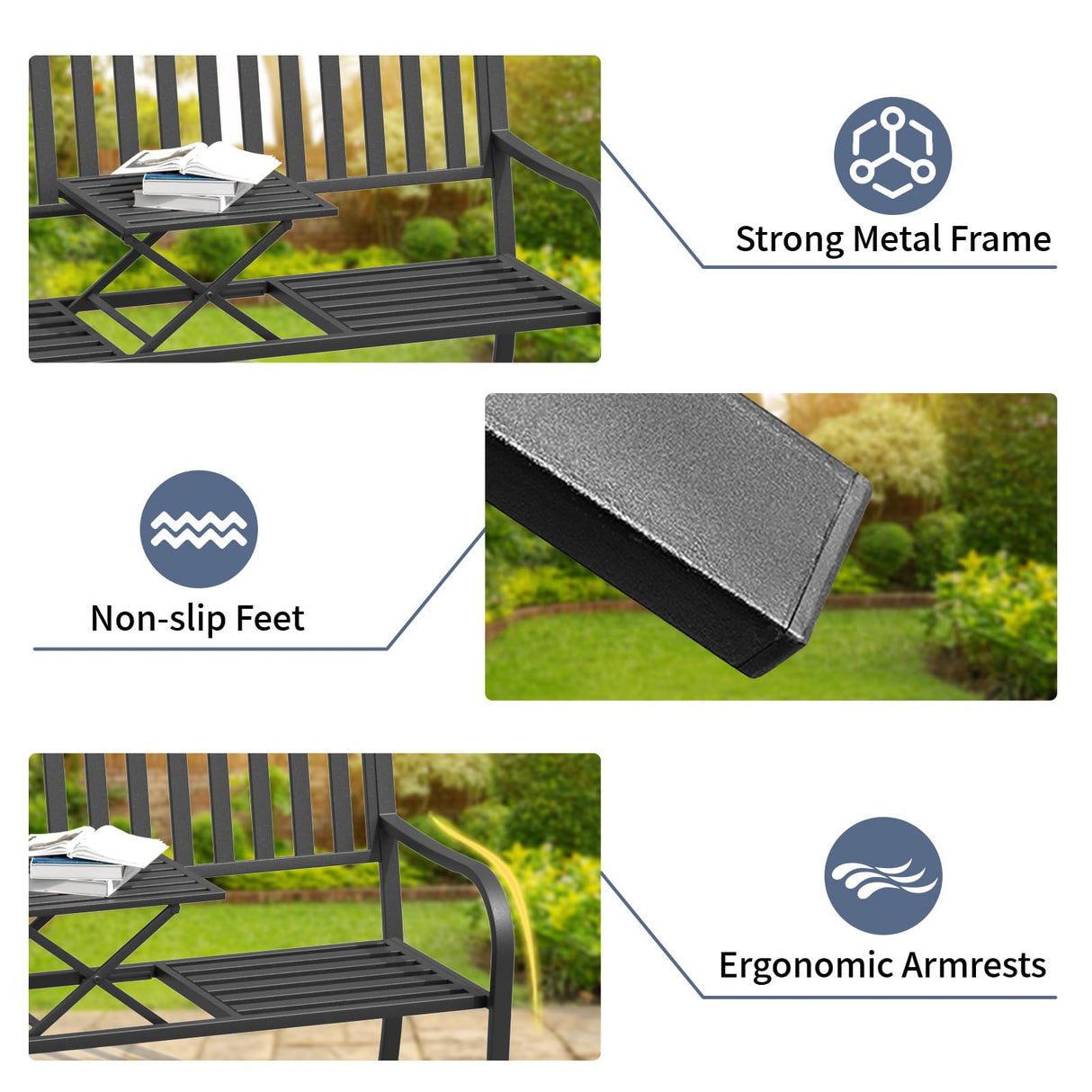 SHGJ&SOFT Outdoor Bench, Garden Bench, Cast Iron Metal Frame Patio Park Bench with a Small Table, for Porch, Lawn, Garden, Yard (D2644BK-1) SHGJ&SOFT