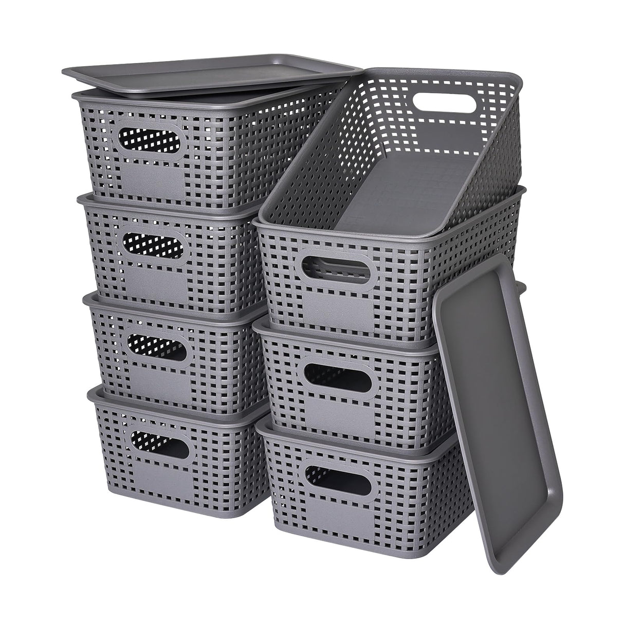 Plastic Storage Baskets with Lid-Plastic Storage Containers Stackable Storage bins: Storage Baskets for Organizing Shelves Drawers Desktop Closet Playroom Classroom Office, 8Pack-Gray,10.2x7.2x4.1Inch Ohmlove