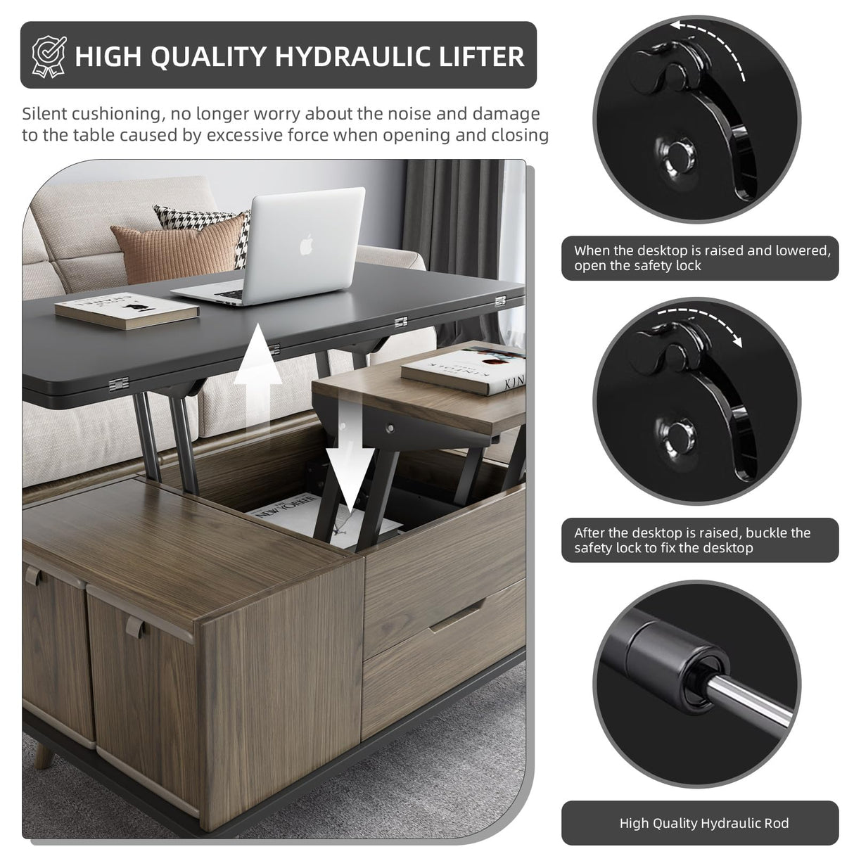 Guyii 38.97" Lift-Top Coffee Table with 4 Stools, 3-in-1 Multi-Functional Center Table, Expandable Dining Table for Living Room, Lift Tabletop Coffee Table with Hidden Storage Compartment, Grey Guyii