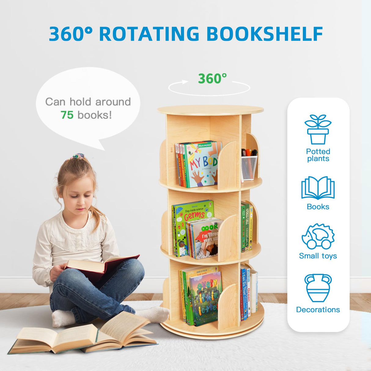 OOOK Kids Rotating Bookshelf Tower, Small Corner Bookshelf for Small Space, 360 Display 3 Tier Floor Standing Montessori Bookshelf Storage Rack, Large Chassis Spinning Bookshelf for Kids Room, Nursery OOOK