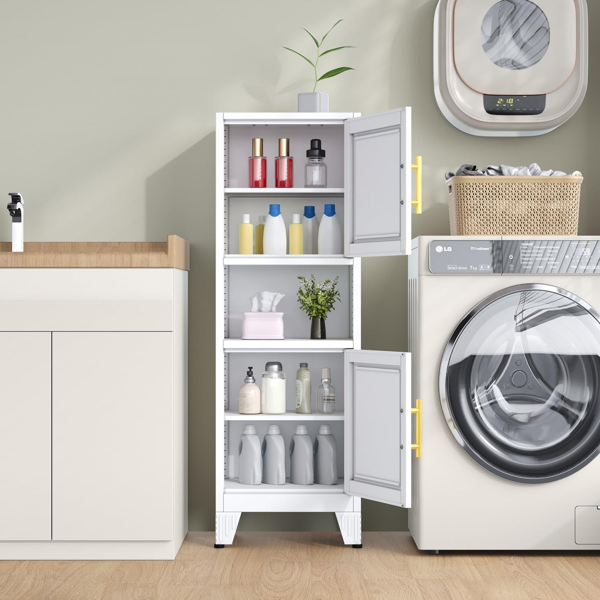 RISTERN 48" Metal Bathroom Storage Cabinet, Kitchen Pantry Storage Cabinet with 2 Doors and Adjustable Shelves, Steel Corner Floor File for Bathroom, Living Room, White, 11.81"D x 15.75"W x 47.64"H RISTERN