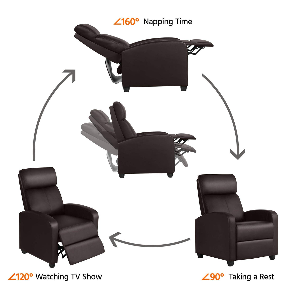 Topeakmart PU Leather Recliner Chair Living Room Single Sofa Home Theater Seating with Lumbar Support Overstuffed High-Density Sponge Manual Push Back Recliners Brown Topeakmart