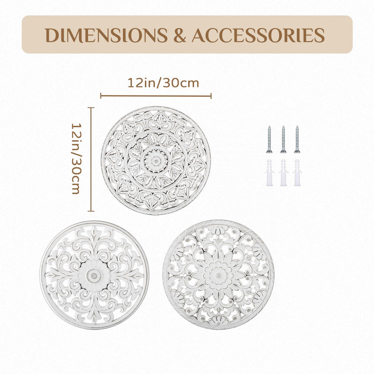 Walasis White Wall Decor Carved Medallion - Rustic Wood Wall Art Decorative Distressed Hanging Decorations Farmhouse Home Decoration for Living Room Bedroom Kitchen Bathroom Set of 3 Walasis