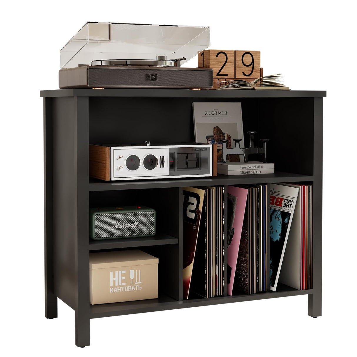 Record Player Stand, Mid-Century Vinyl Record Storage Cabinet, 3-Tier Record Player Holder, Turntable Stand with 4 Cabinet up to 220 Albums, End Table for Bedroom Music Room Living Room, Black FFBCFDK