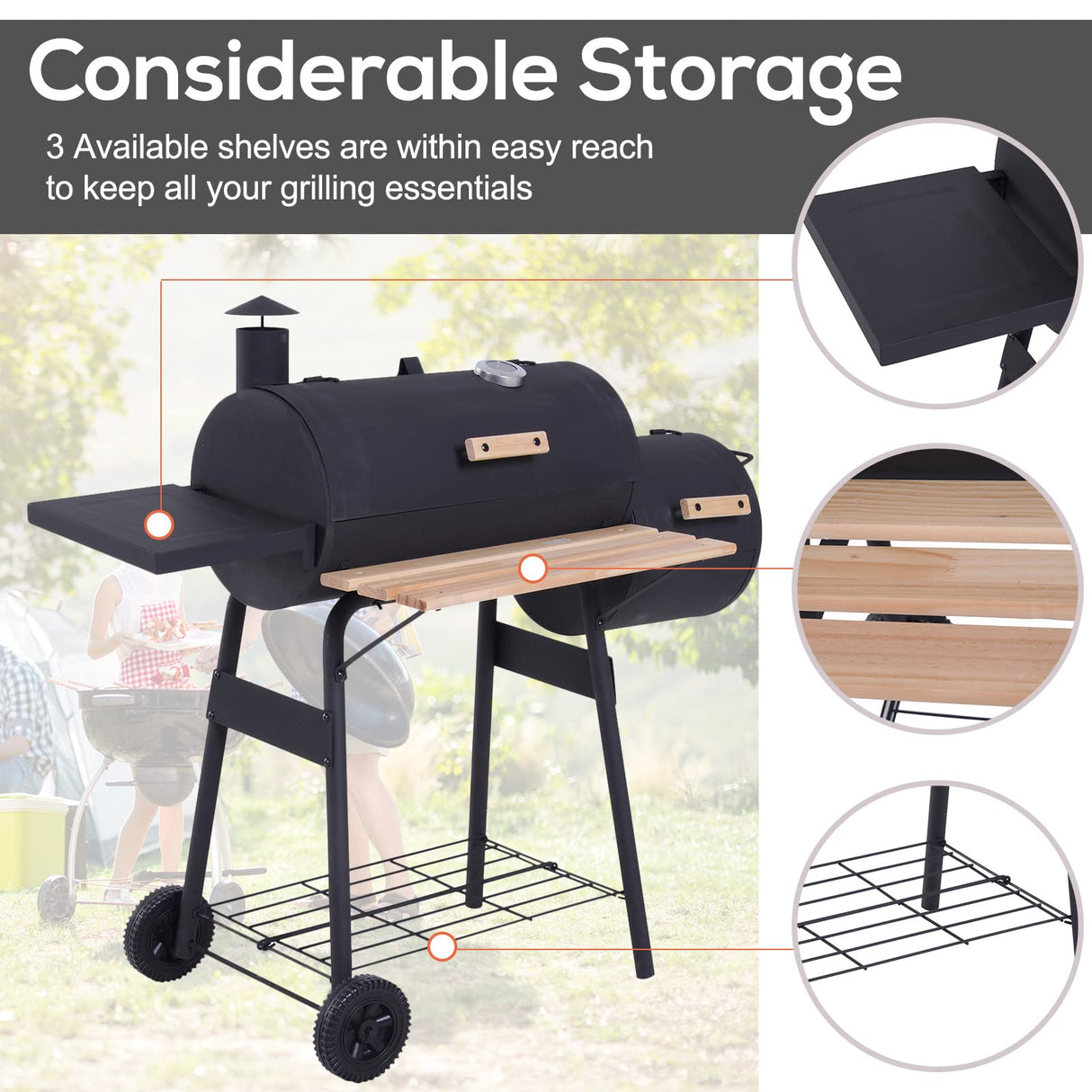 Outsunny 48" Portable Barrel Charcoal BBQ Grill, Steel Outdoor Barbecue Smoker with 232 Square Inches Cooking Space, Storage Shelf, Wheels for Garden Camping Picnic, Black Outsunny