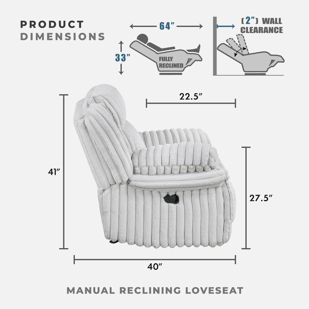 Lexicon Manual Double Reclining Loveseat with Center Console, Corduroy Manual Wall Hugger Recliner Couch, Pillow Top Arms, Cup Holders, Hidden Storage, Cozy Loveseat for Living Room, Gray Lexicon