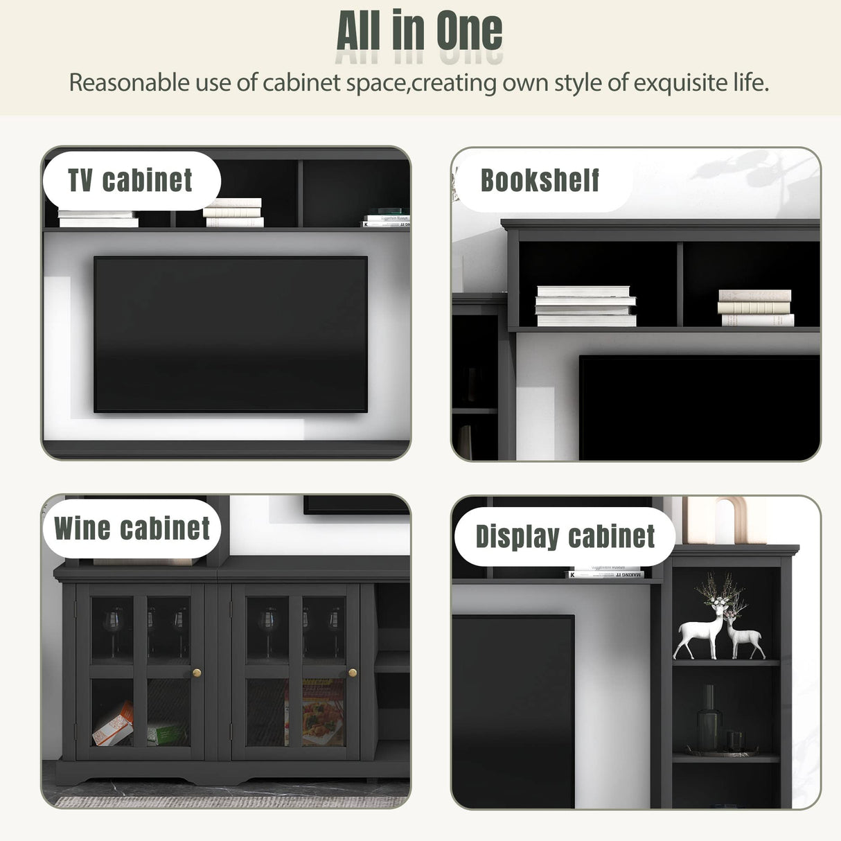 LUMISOL Entertainment Wall Unit with Bridge and Wine Cabinet, Multifunctional TV Stand with Storage Shelves for TVs Up to 70”, Entertainment Center with Tempered Glass Door for Living Room, Black LUMISOL