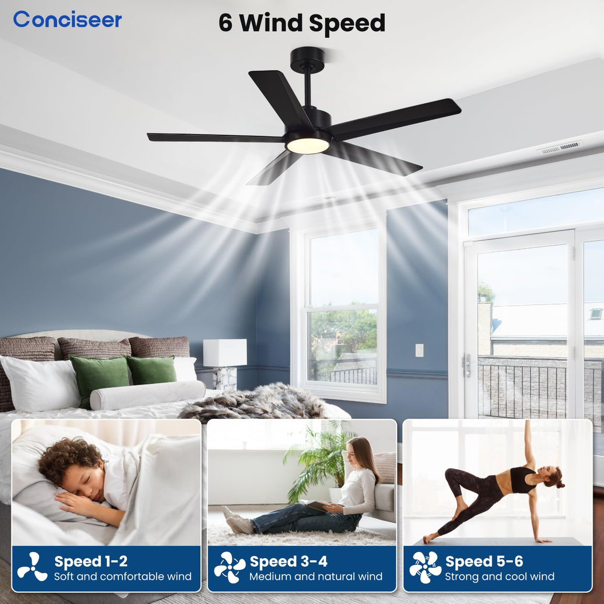 Conciseer Modern Ceiling Fans with Lights,52 Inch Ceiling Fans with Remote for Bedroom Living Room Kitchen, 18W 3CCT Dimmable,5 Blades 6 Speed Reversible Quiet DC Motor Black Conciseer