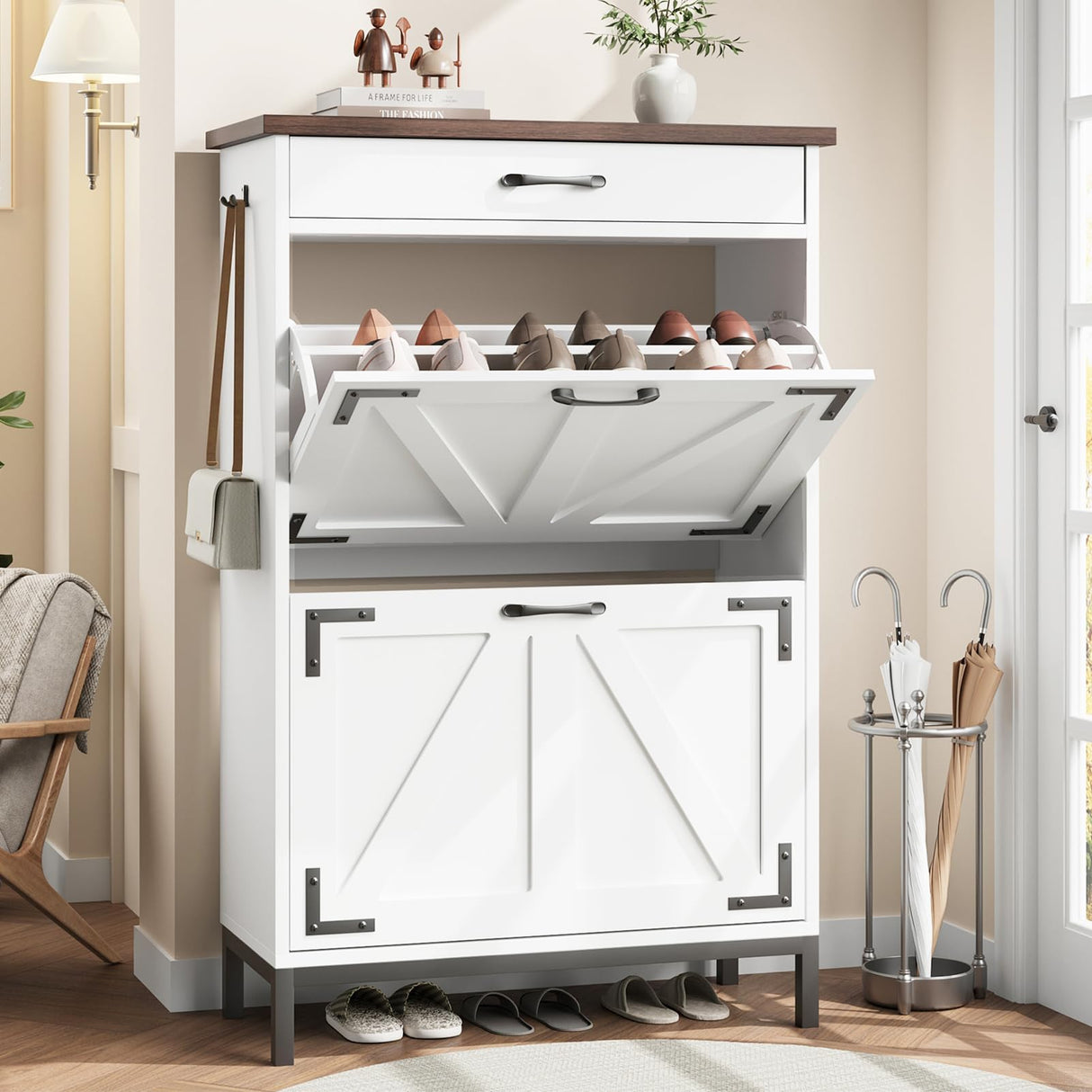 Shoe Cabinet Storage for Entryway Hidden Shoes Storage Cabinet Farmhouse Narrow Shoe Organizer Cabinet with 2 Flip Drawers, Free Standing Slim Shoe Cabinet for Door Entry, Foyer, Hallway, White Jocoevol