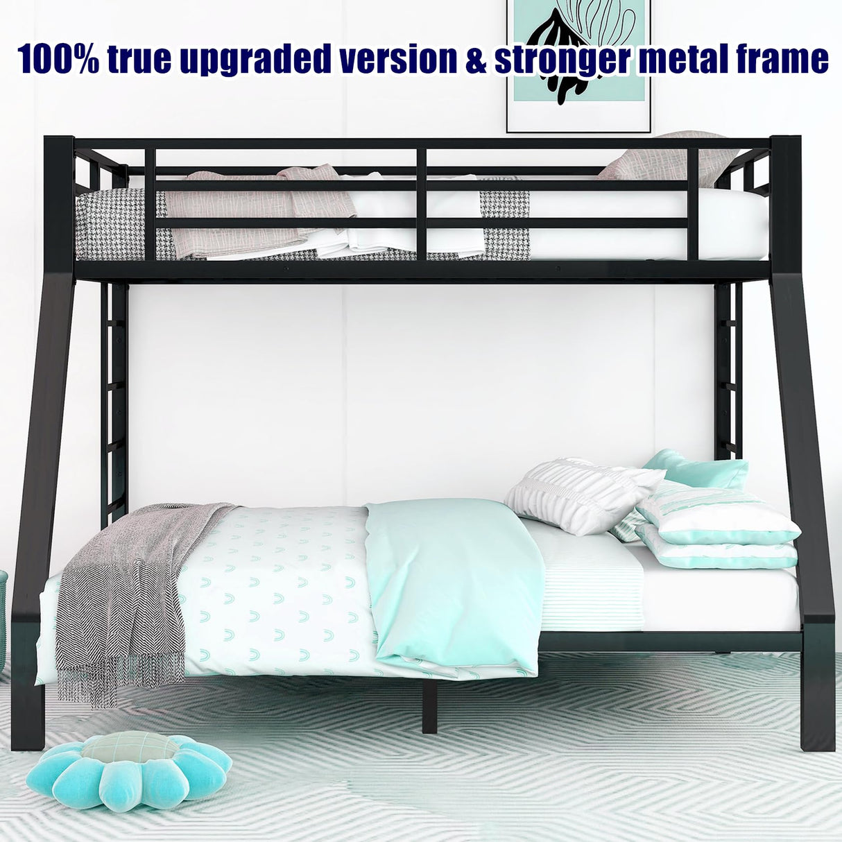 TIHWOALL Latest Upgrade & Stronger Steel Bunk Bed Twin XL Over Queen Size Bunkbed, Thickened Metal More Stable Heavy Duty More Rust-Proof Bunk Queen Bed Frame (Easier Assembly) (Twin XL Over Queen) TIHWOALL