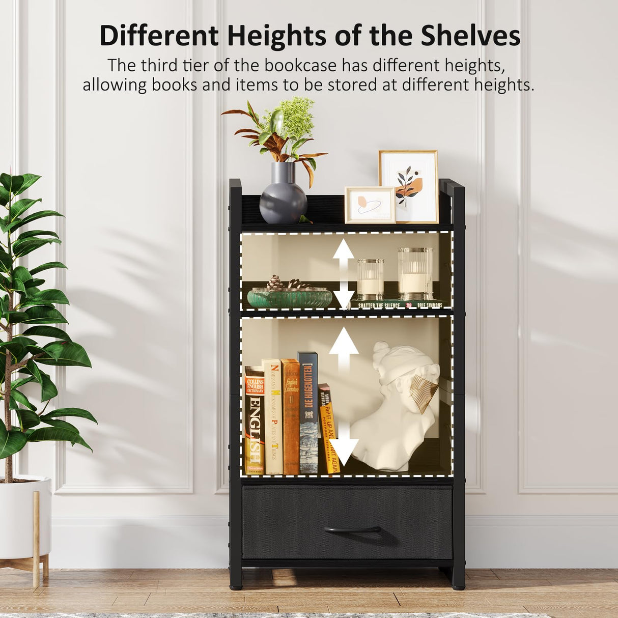 Hosfais Small Bookshelf with Drawer: 4-Tier Wood Book Shelf Industrial Narrow Bookcase Storage Organizer Metal Stackable Shelves for Desktop Bedroom Living Room Home Office (Black) Hosfais