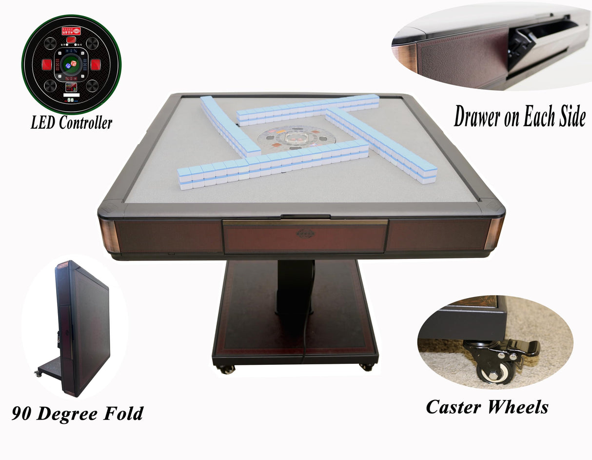 USA MJ Table Roller Coaster Style 40mm Chinese/Filipino/American Mahjong Folding Automatic Mahjong Table Wine Red Color Ultra Thin 2 Set of Numbered Tiles &Table Dust Cloth usamjtable