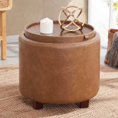Ornavo Home Lawrence Round Storage Ottoman with Lift Off Lid and Tray Lid Coffee Table, Ottoman with Storage for Living Room, Bedroom and Office, Faux Leather Mocha