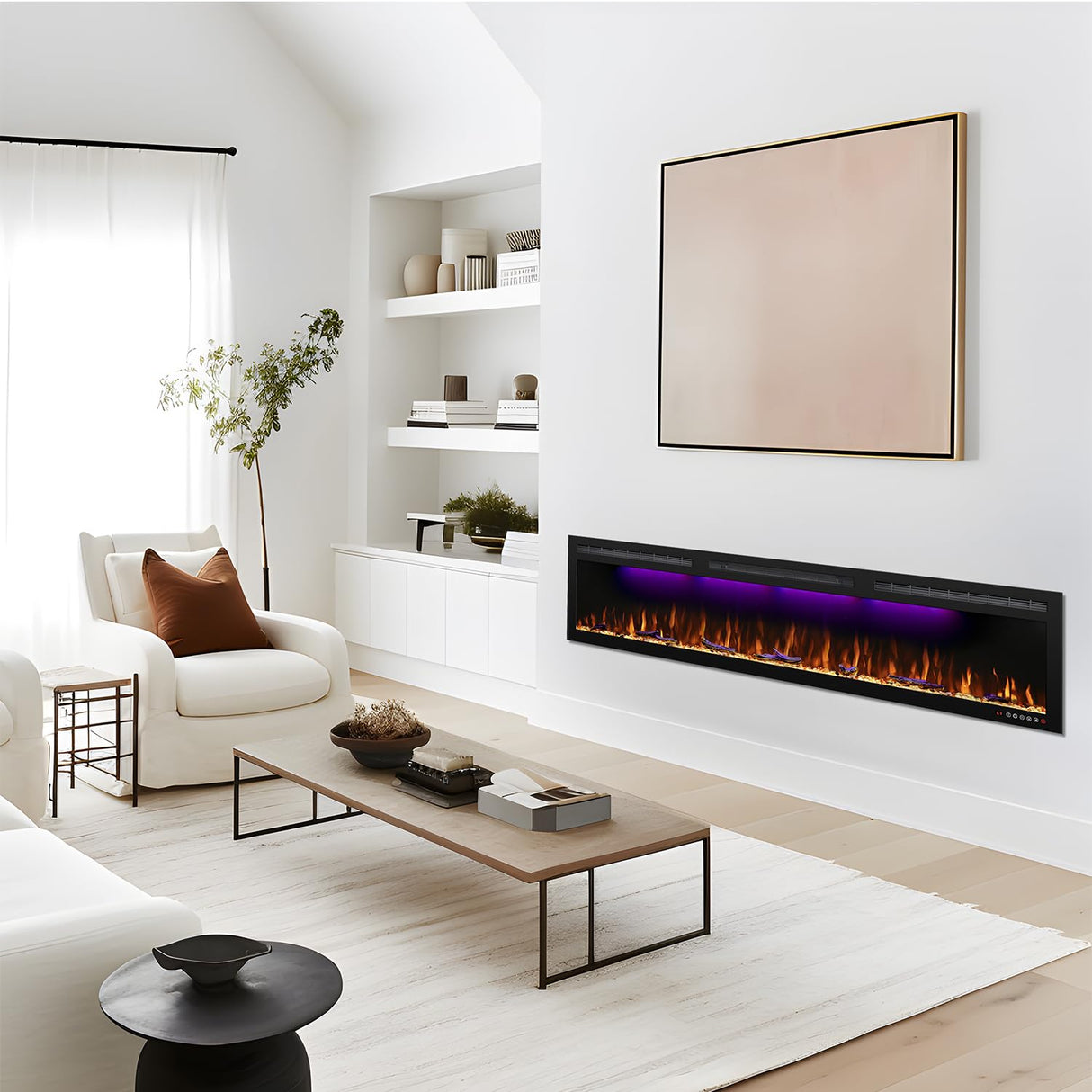 Mystflame 72 inch Electric Fireplace - Ultra Slim Frame - in Wall Recessed & Wall Mounted - Multicolor Flame - Log & Crystal Hearth - 1500/750 Watt Heater - Remote Control & Touch Screen- Timer Mystflame