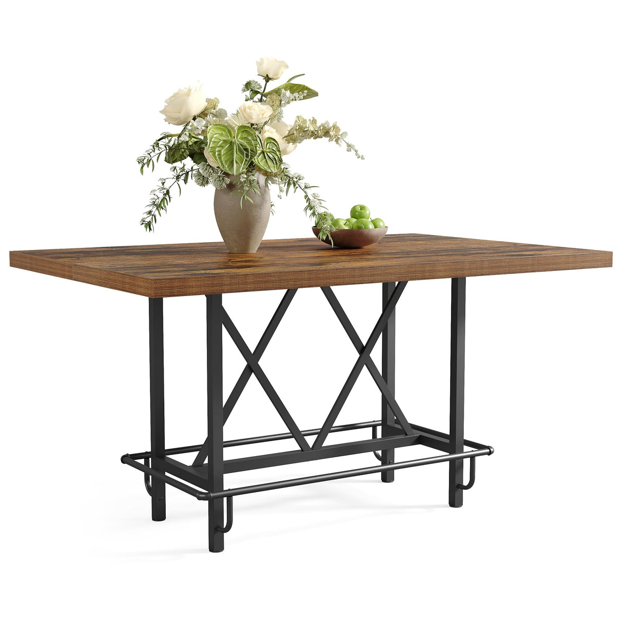 LITTLE TREE 63-Inch Industrial Bar Table with Metal Footrest, Counter Height Pub Table for Kitchen, Home Bar & Entertaining (Brown) LITTLE TREE