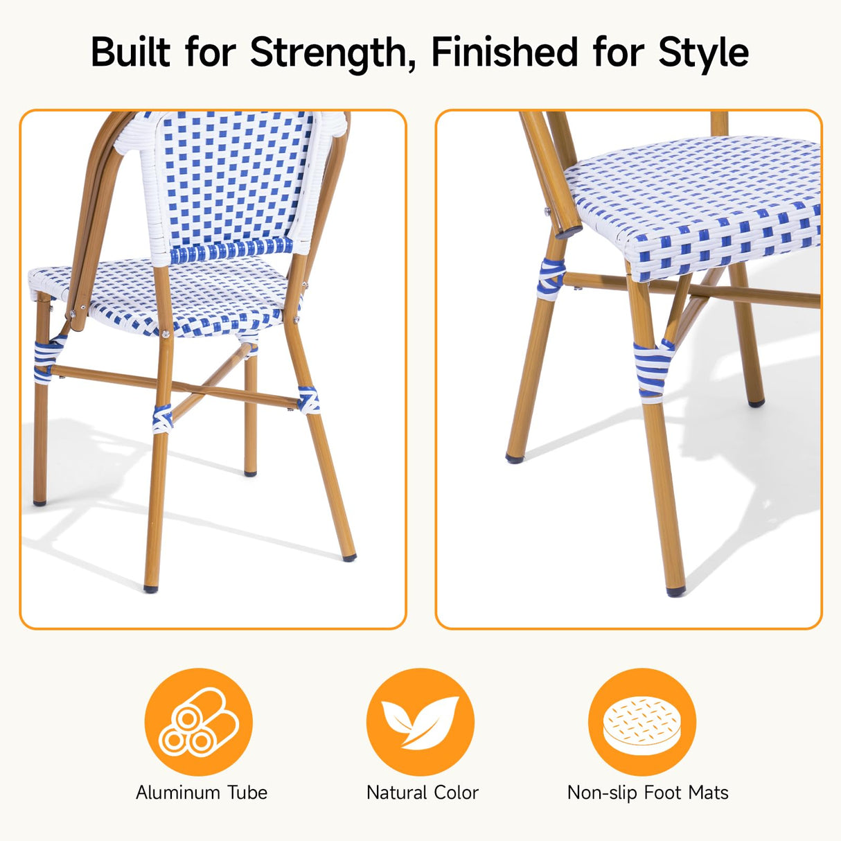 3 Piece French Wicker Bistro Set, Patio Bistro Set with Table and 2 Dining Chairs, All Weather Outdoor Bistro Set with Aluminum Frame, Outdoor Patio Set for Patio Porch Cafes Yard, Navy and White Dovov
