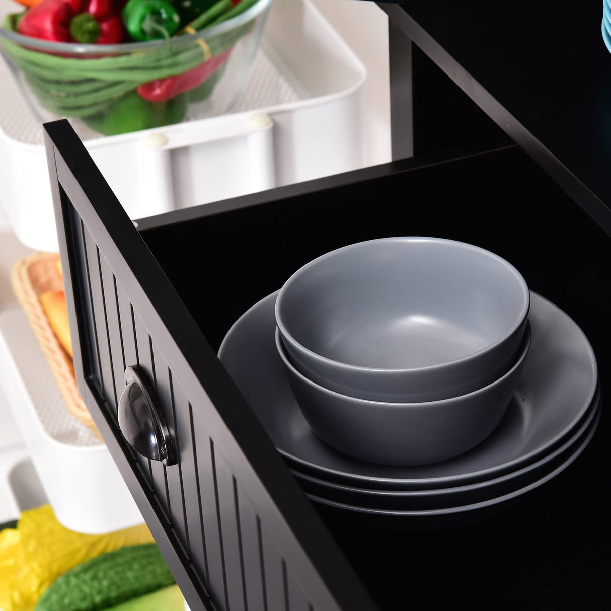 HOMCOM 72" Kitchen Pantry Storage Cabinet, Traditional Freestanding with 4 Doors and 3 Adjustable Shelves, Large Central Drawer, Beadboard,Black HOMCOM