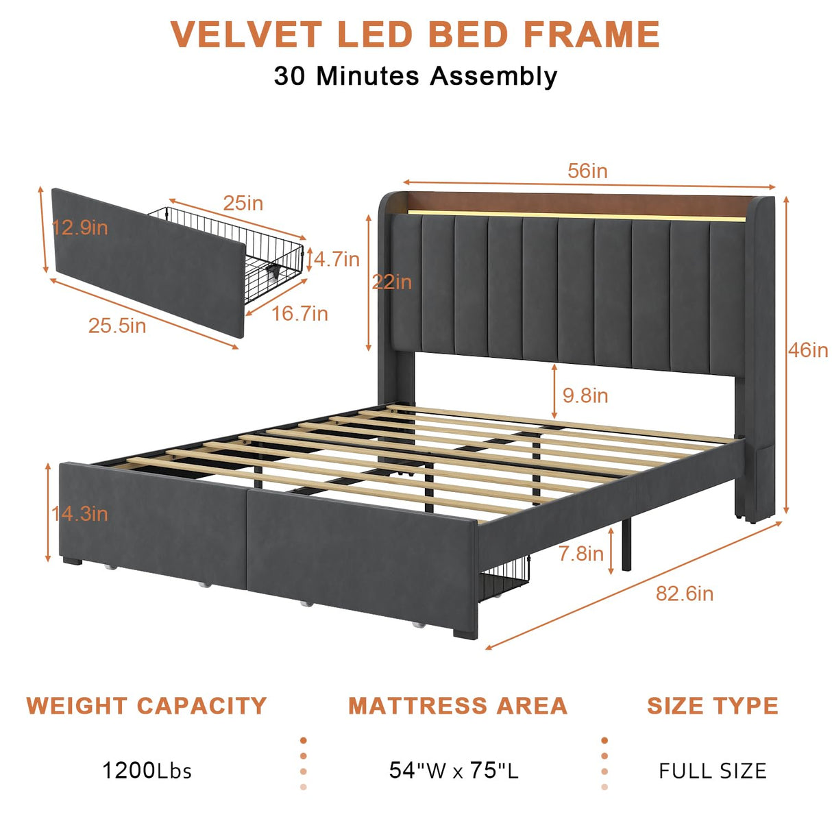 TIGUBFRE Dark Grey Full Size Upholstered Bed Frame with LED Lighting, Storage Headboard & Drawers TIGUBFRE